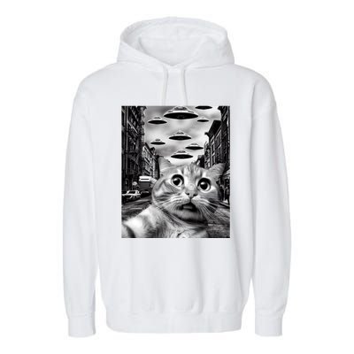 Alien UFO Funny Cat Selfie Garment-Dyed Fleece Hoodie