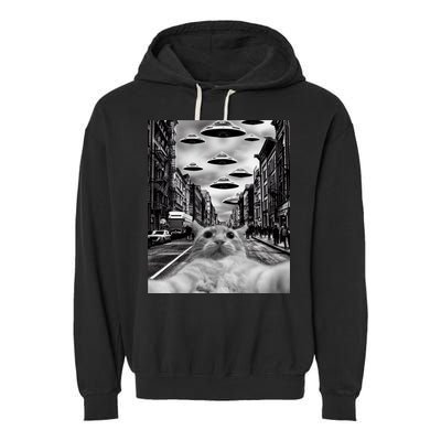 Alien UFO Funny Cat Selfie Garment-Dyed Fleece Hoodie