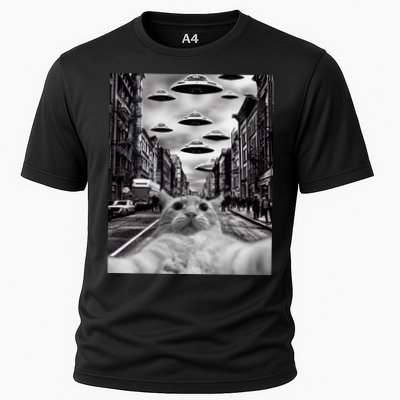 Alien UFO Funny Cat Selfie Cooling Performance Crew T-Shirt