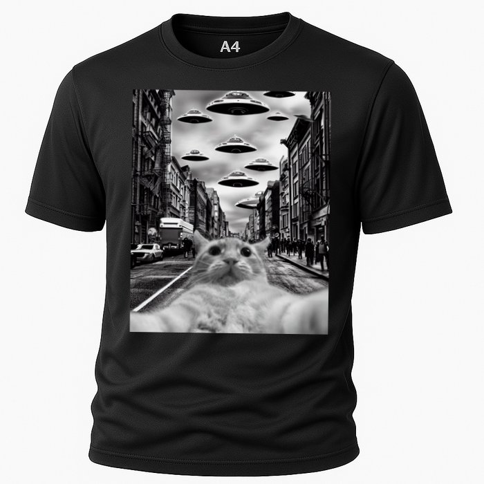 Alien UFO Funny Cat Selfie Cooling Performance Crew T-Shirt