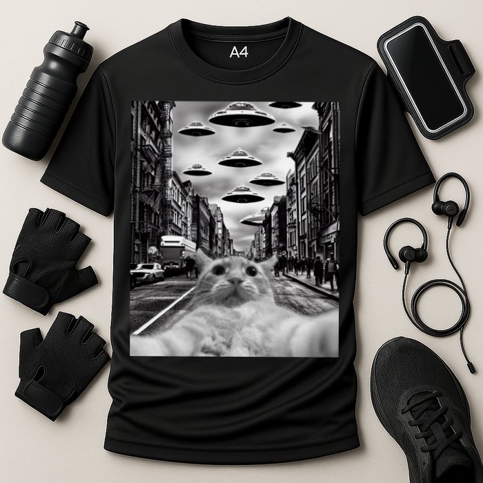 Alien UFO Funny Cat Selfie Cooling Performance Crew T-Shirt