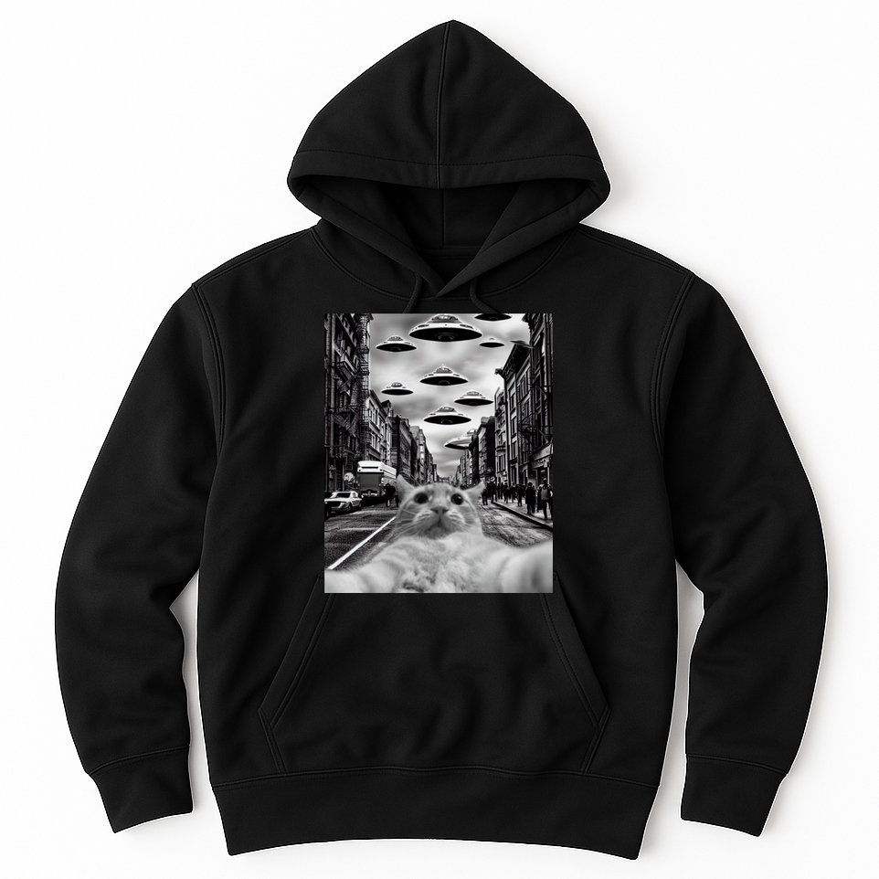 Alien UFO Funny Cat Selfie Hoodie