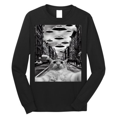 Alien UFO Funny Cat Selfie Long Sleeve Shirt