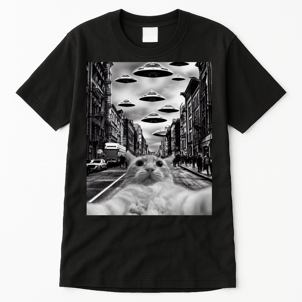 Alien UFO Funny Cat Selfie Tall T-Shirt