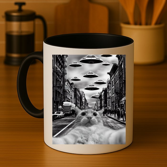 Alien UFO Funny Cat Selfie Mug