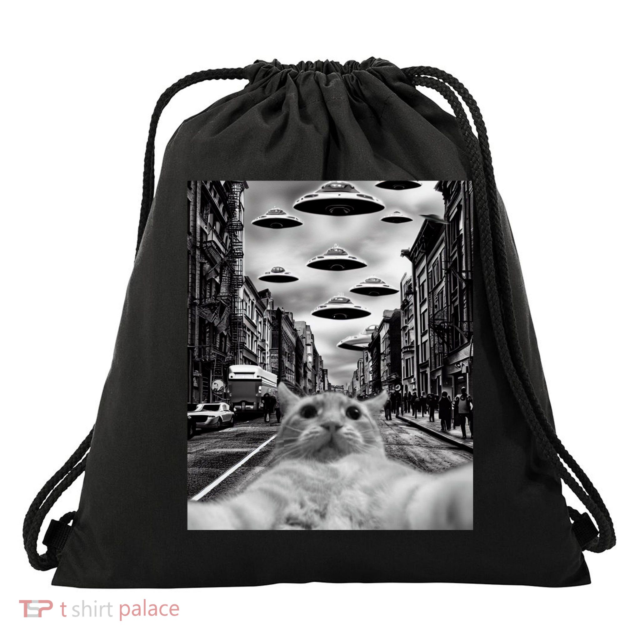 Alien UFO Funny Cat Selfie Drawstring Bag