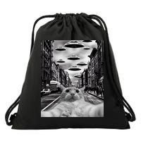Alien UFO Funny Cat Selfie Drawstring Bag