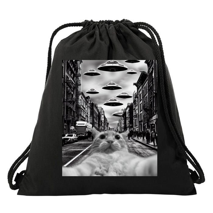 Alien UFO Funny Cat Selfie Drawstring Bag