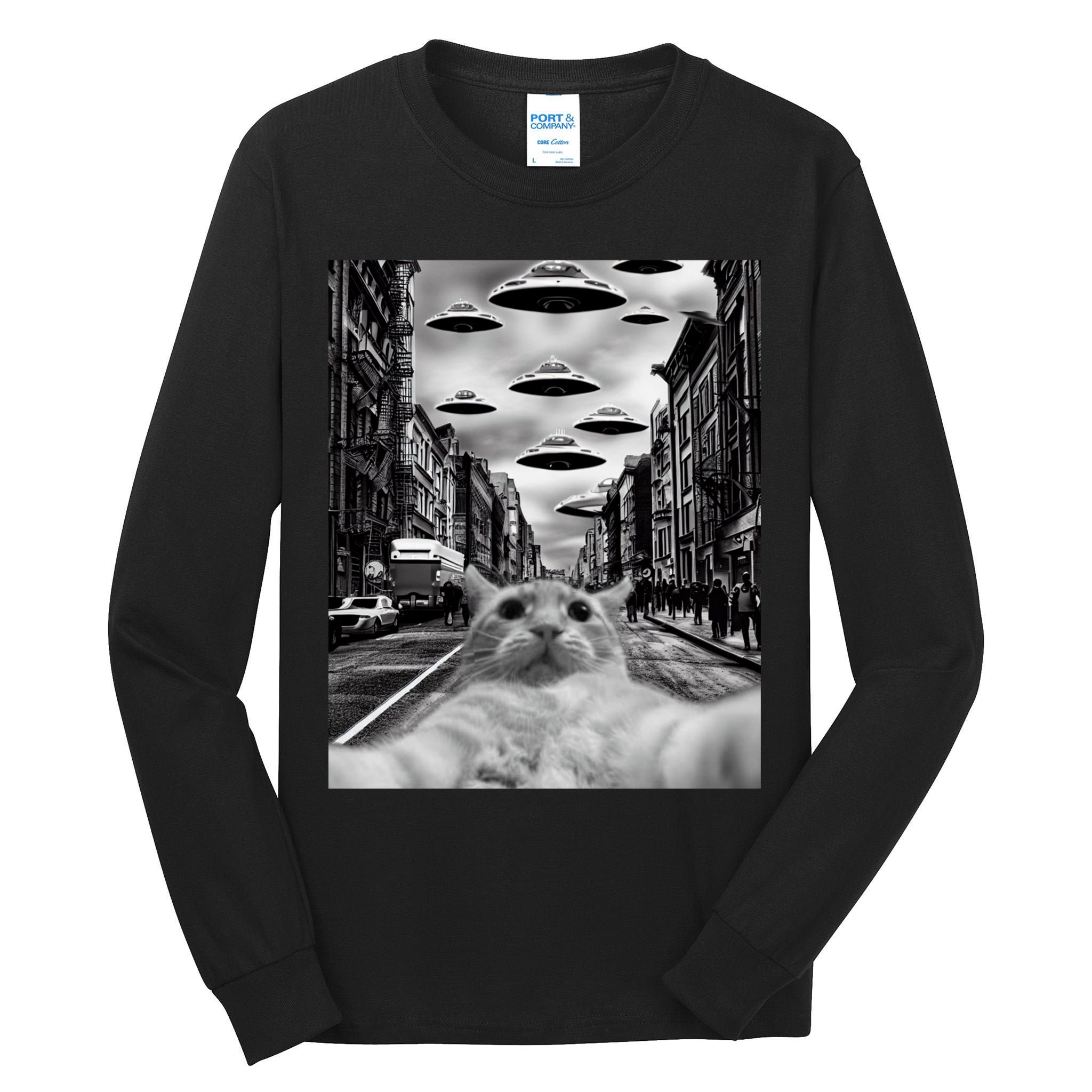 Alien UFO Funny Cat Selfie Tall Long Sleeve T-Shirt