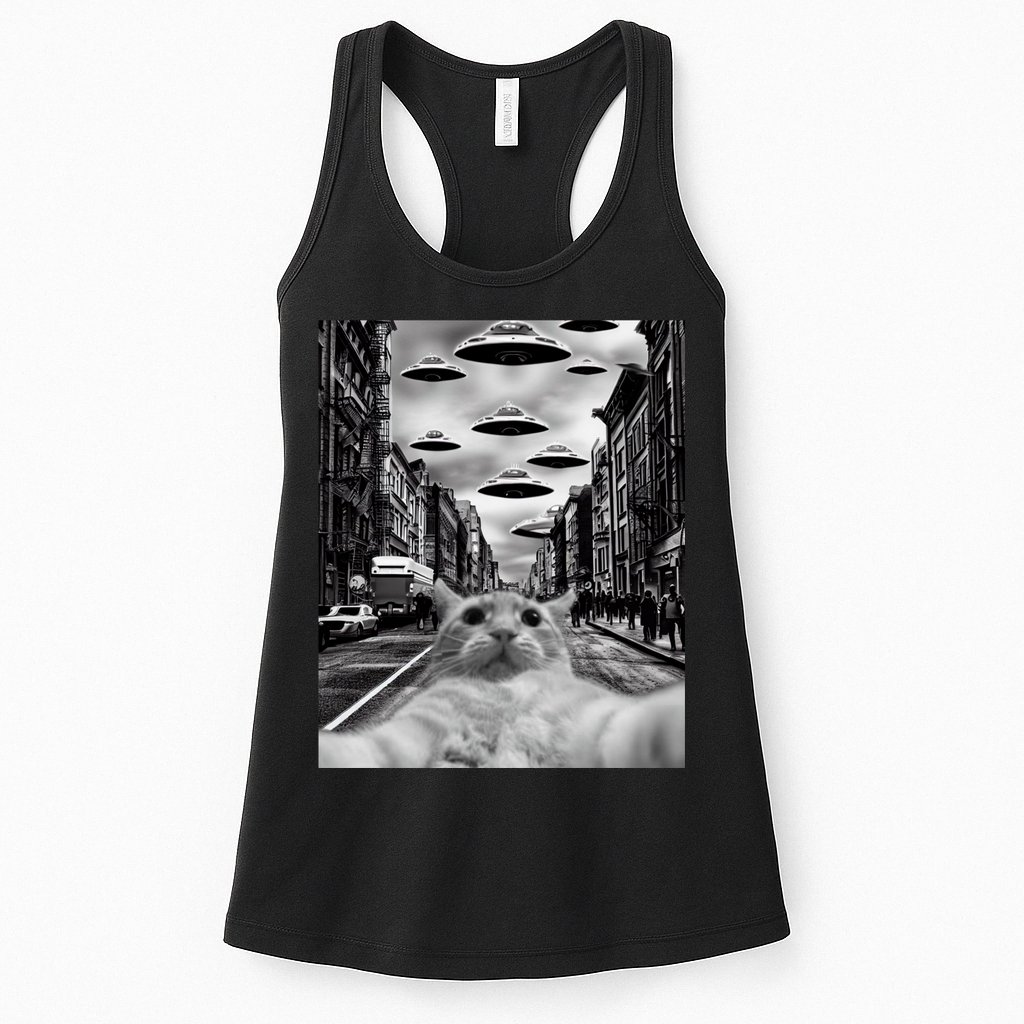 Alien UFO Funny Cat Selfie Womens Tank Top