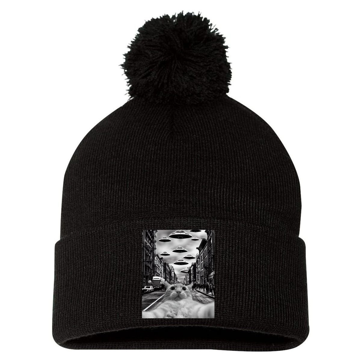 Alien UFO Funny Cat Selfie Pom Pom 12in Knit Beanie