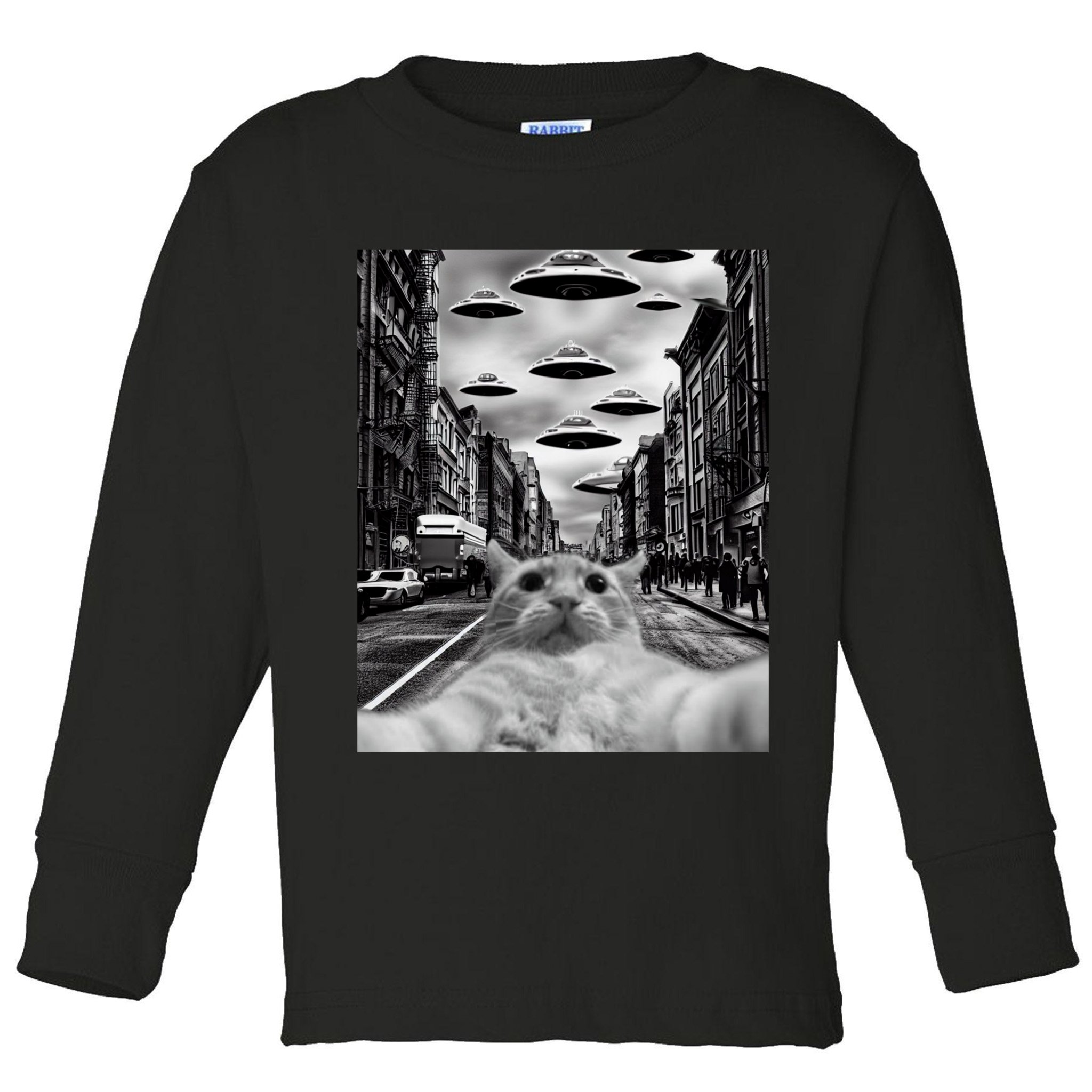 Alien UFO Funny Cat Selfie Toddler Long Sleeve Shirt