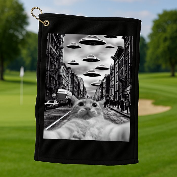 Alien UFO Funny Cat Selfie Golf Towel