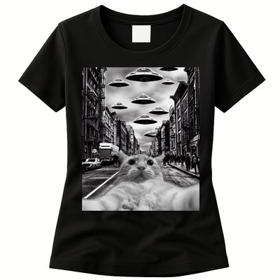 Alien UFO Funny Cat Selfie Womens T-Shirt