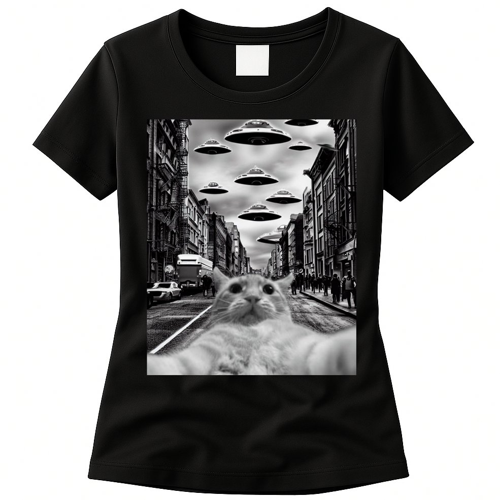 Alien UFO Funny Cat Selfie Womens T-Shirt