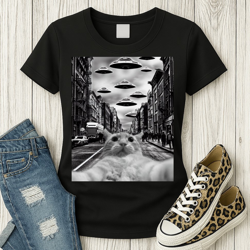 Alien UFO Funny Cat Selfie Womens T-Shirt