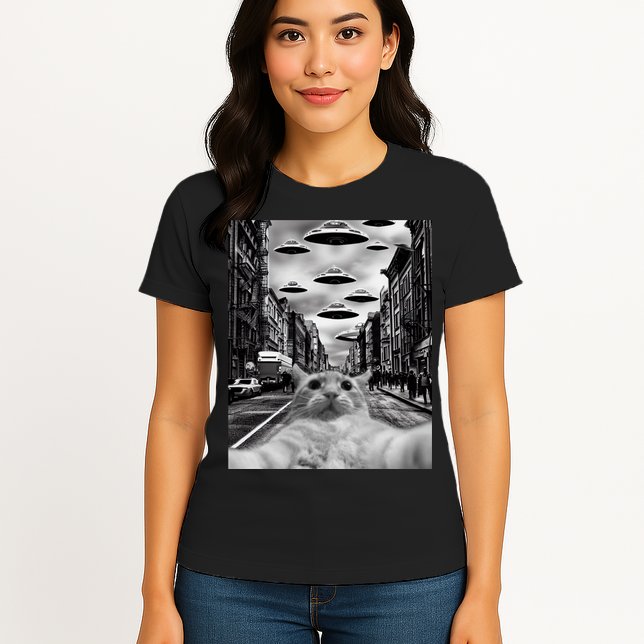 Alien UFO Funny Cat Selfie Womens T-Shirt