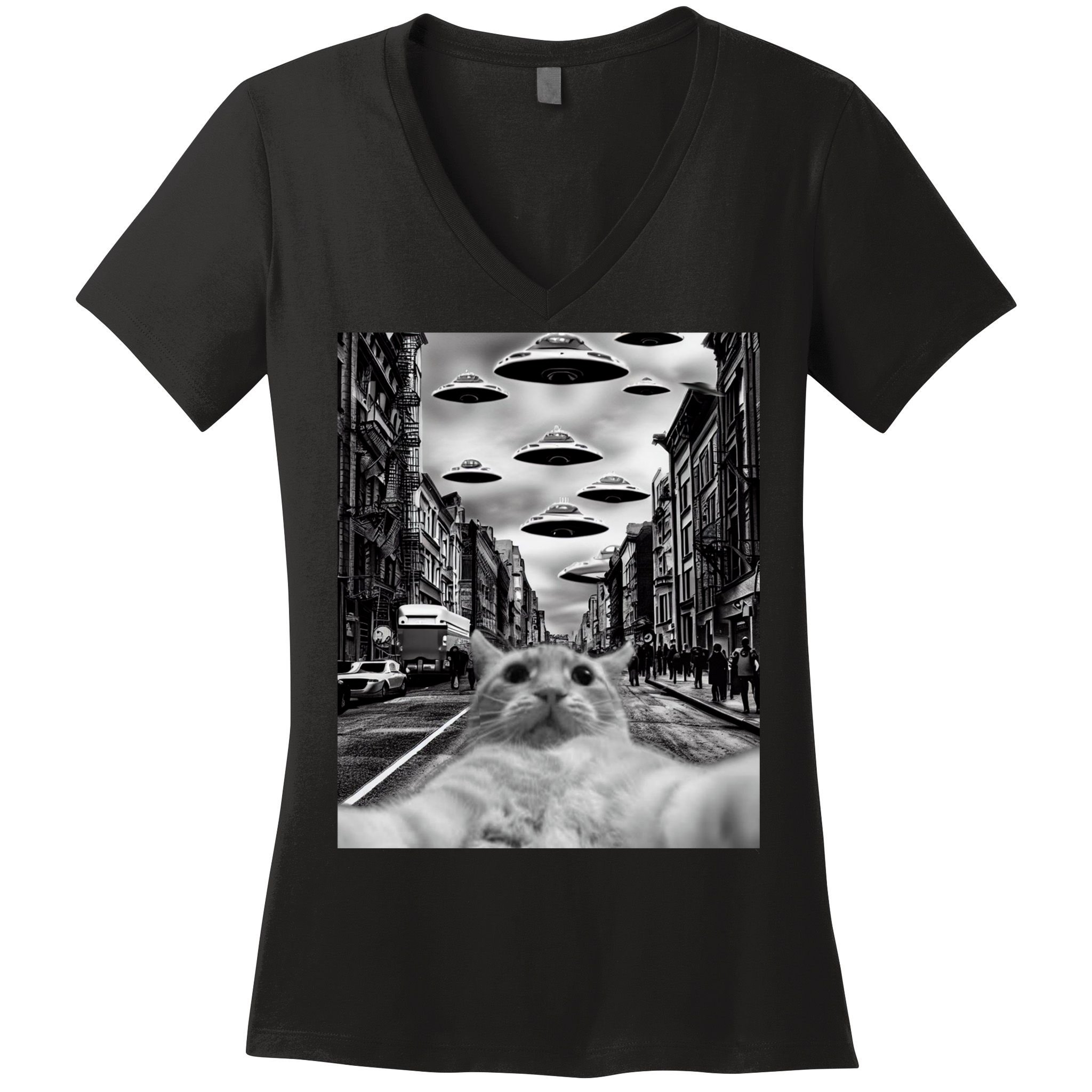 Alien UFO Funny Cat Selfie Women's V-Neck T-Shirt