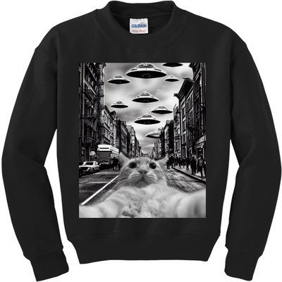 Alien UFO Funny Cat Selfie Kids Sweatshirt