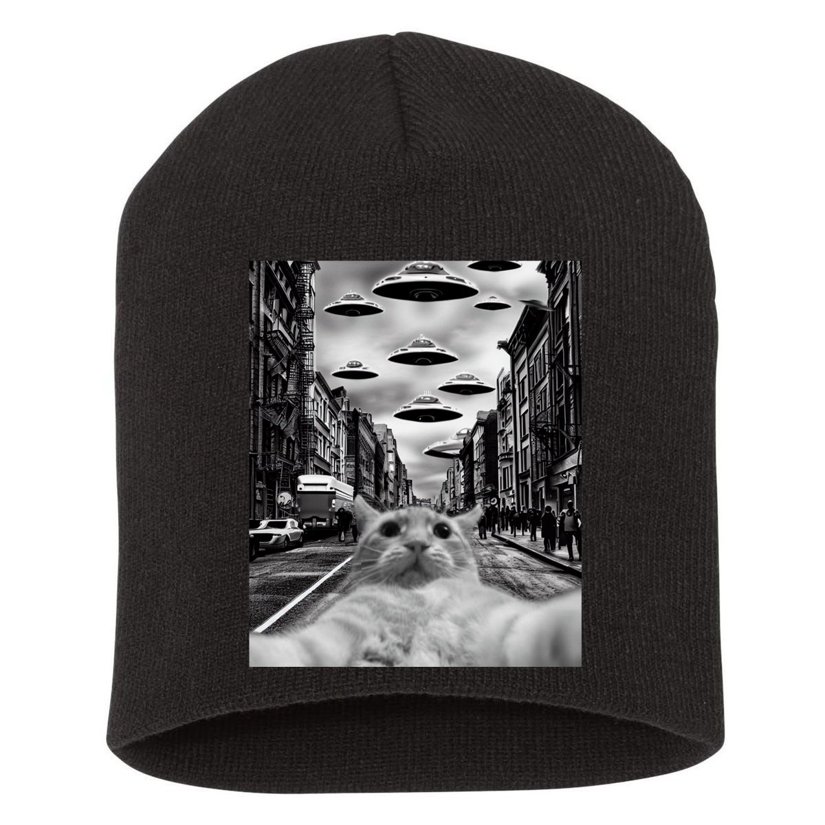 Alien UFO Funny Cat Selfie Short Acrylic Beanie