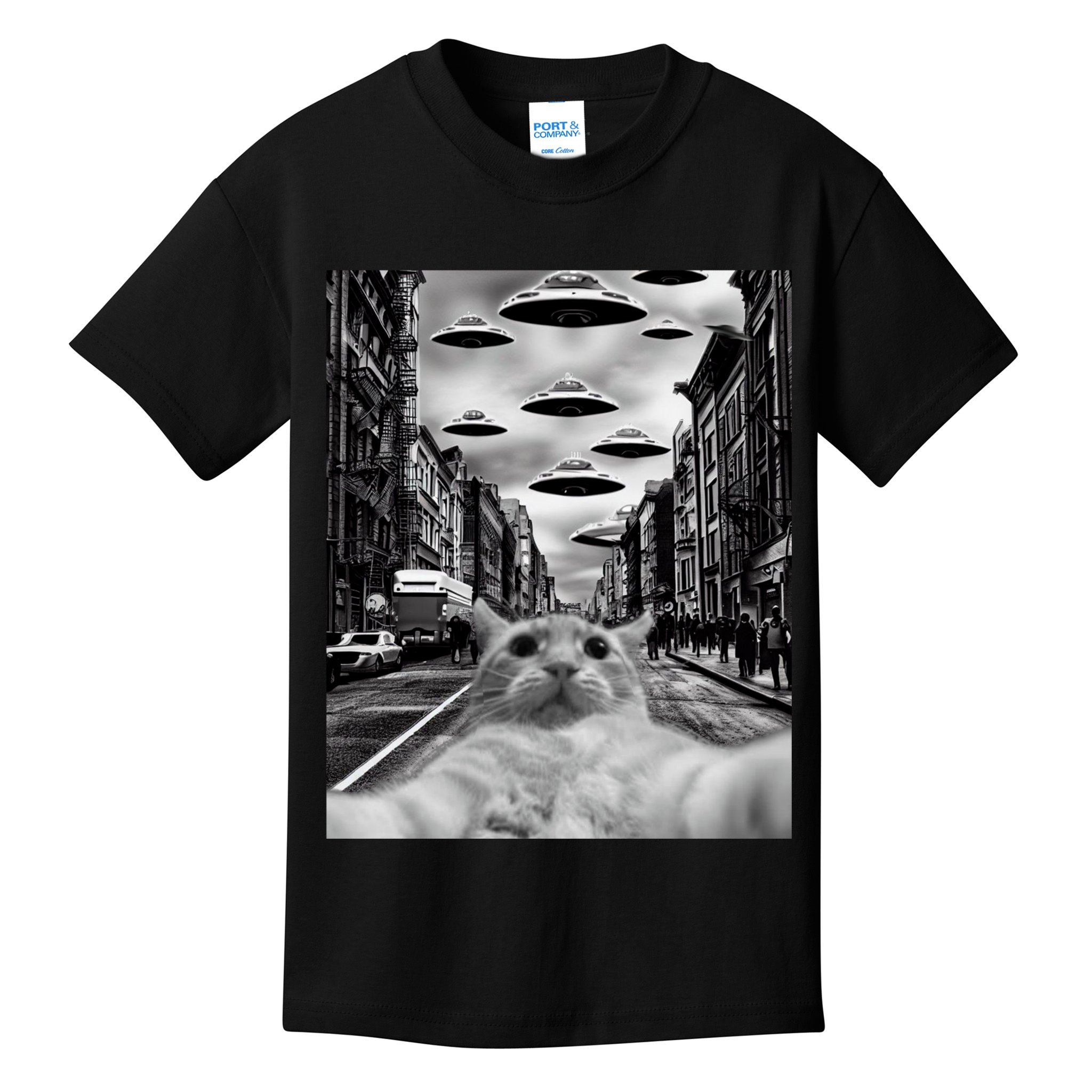 Alien UFO Funny Cat Selfie Kids T-Shirt