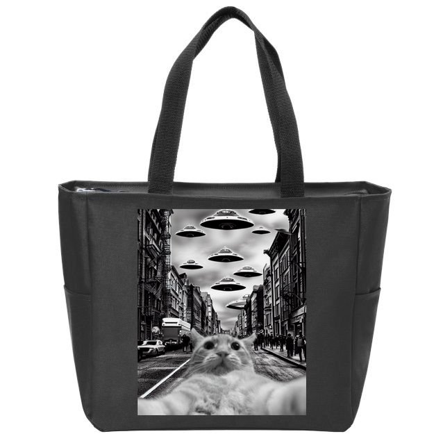 Alien UFO Funny Cat Selfie Zip Tote Bag