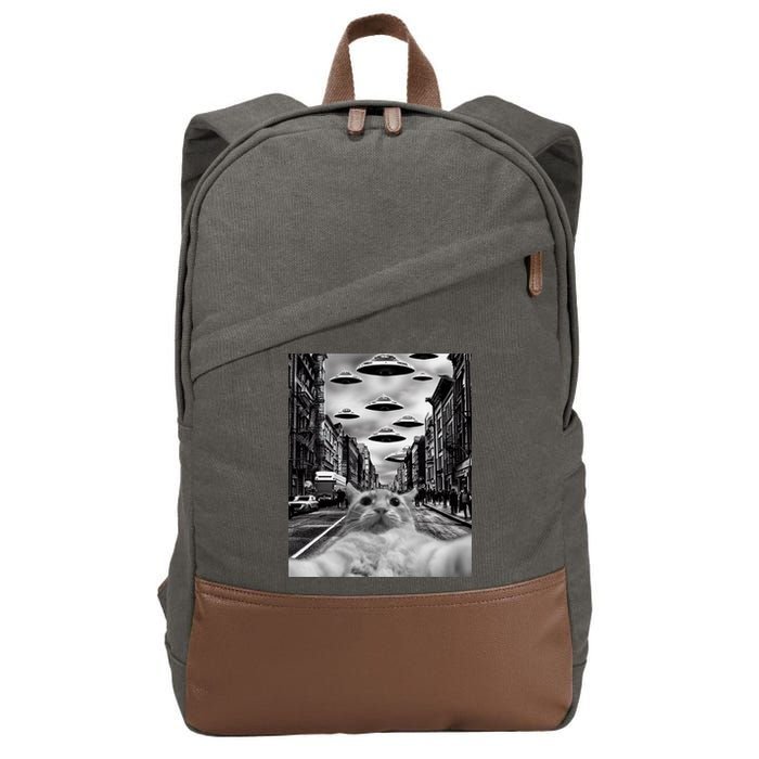 Alien UFO Funny Cat Selfie Cotton Canvas Backpack