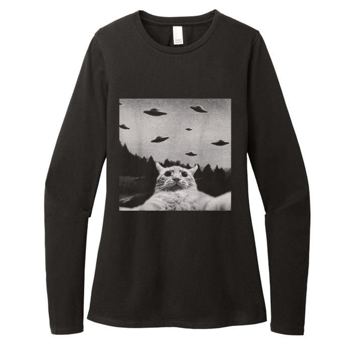 Alien UFO Funny Cat Womens CVC Long Sleeve Shirt