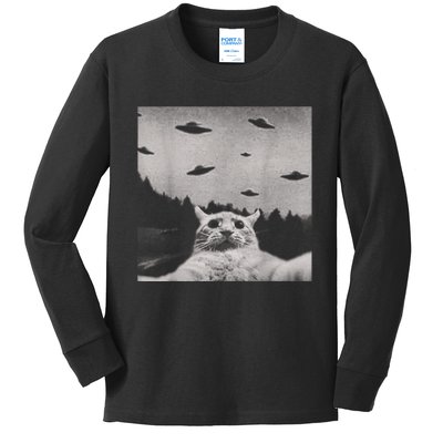 Alien UFO Funny Cat Kids Long Sleeve Shirt