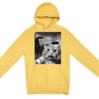 Alien UFO Funny Cat Selfie Premium Pullover Hoodie