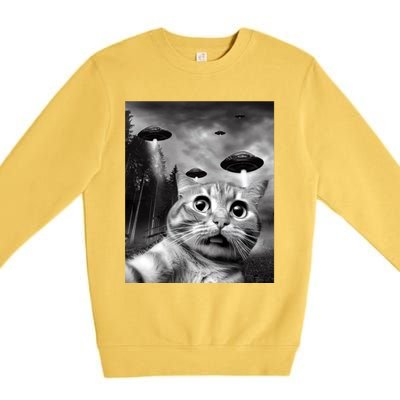 Alien UFO Funny Cat Selfie Premium Crewneck Sweatshirt