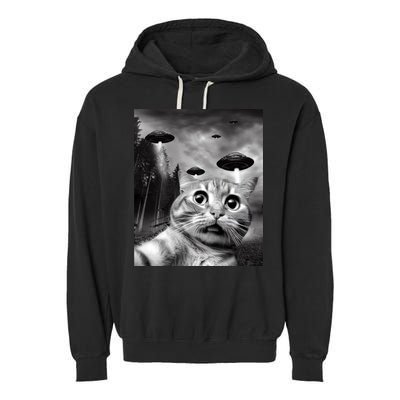 Alien UFO Funny Cat Selfie Garment-Dyed Fleece Hoodie