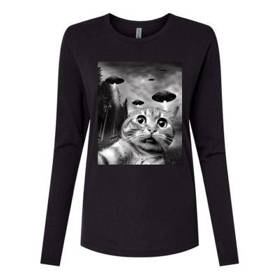 Alien UFO Funny Cat Selfie Womens Cotton Relaxed Long Sleeve T-Shirt