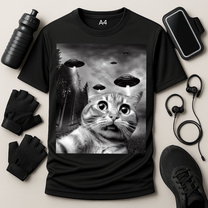 Alien UFO Funny Cat Selfie Cooling Performance Crew T-Shirt