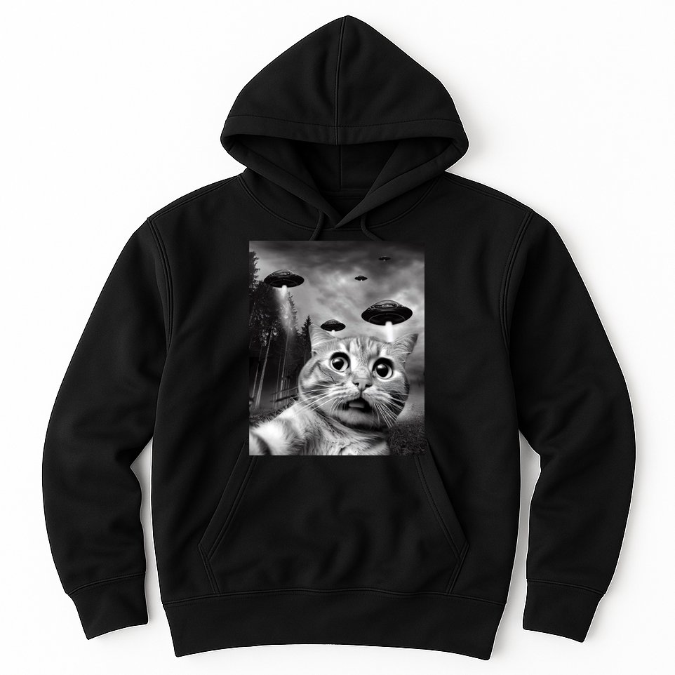Alien UFO Funny Cat Selfie Hoodie
