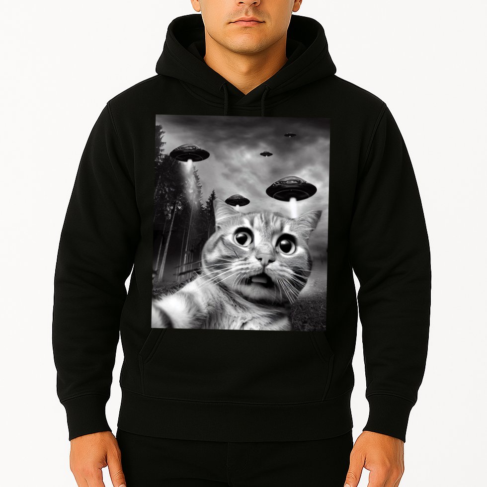 Alien UFO Funny Cat Selfie Hoodie