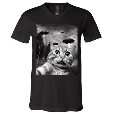 Alien UFO Funny Cat Selfie V-Neck T-Shirt