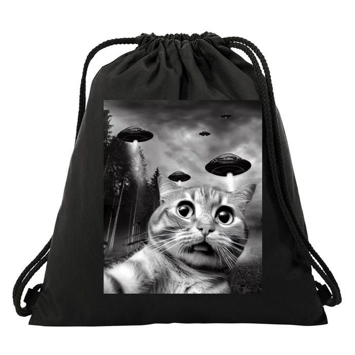 Alien UFO Funny Cat Selfie Drawstring Bag
