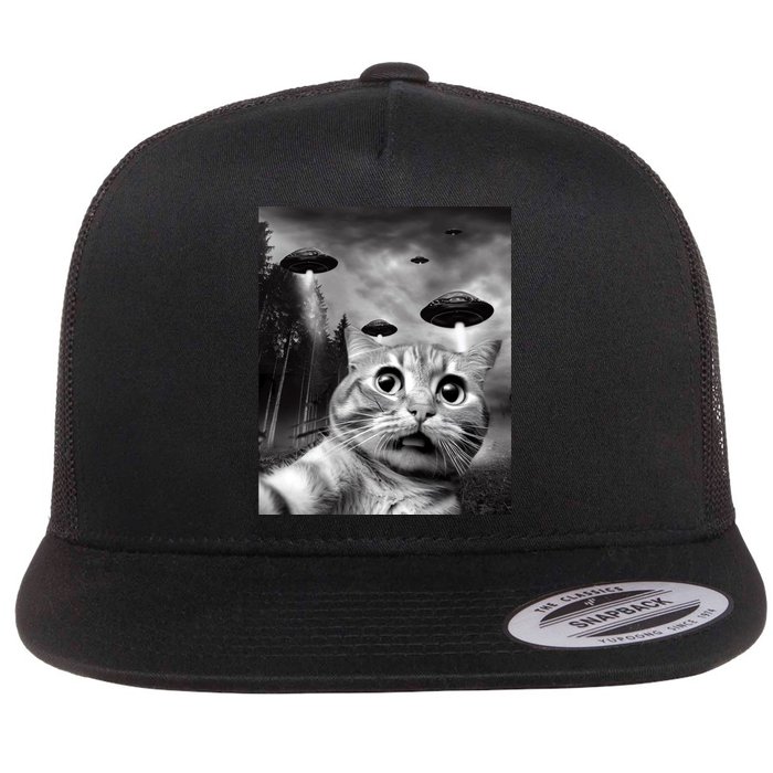 Alien UFO Funny Cat Selfie Flat Bill Trucker Hat