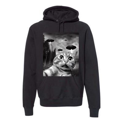 Alien UFO Funny Cat Selfie Premium Hoodie