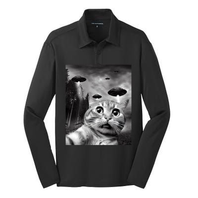 Alien UFO Funny Cat Selfie Silk Touch Performance Long Sleeve Polo