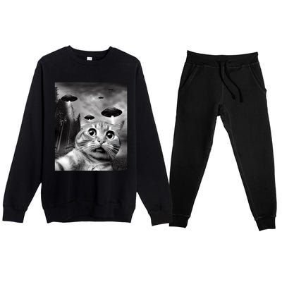 Alien UFO Funny Cat Selfie Premium Crewneck Sweatsuit Set