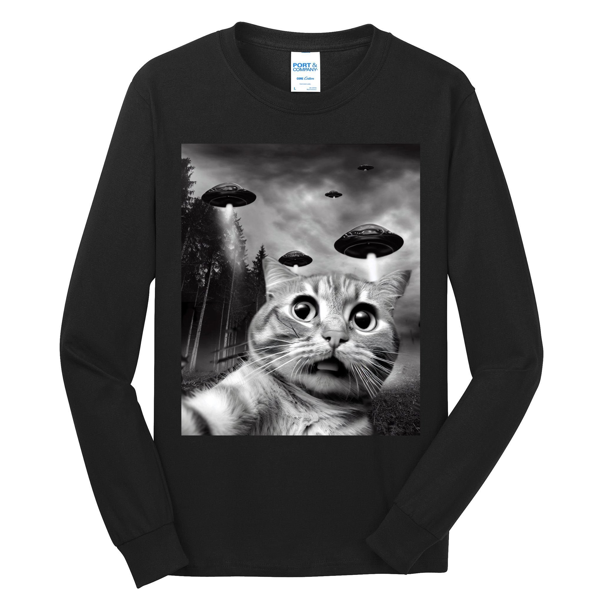 Alien UFO Funny Cat Selfie Tall Long Sleeve T-Shirt
