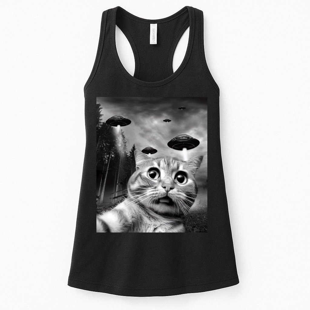 Alien UFO Funny Cat Selfie Womens Tank Top