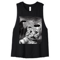 Alien UFO Funny Cat Selfie Women's Racerback Cropped Tank