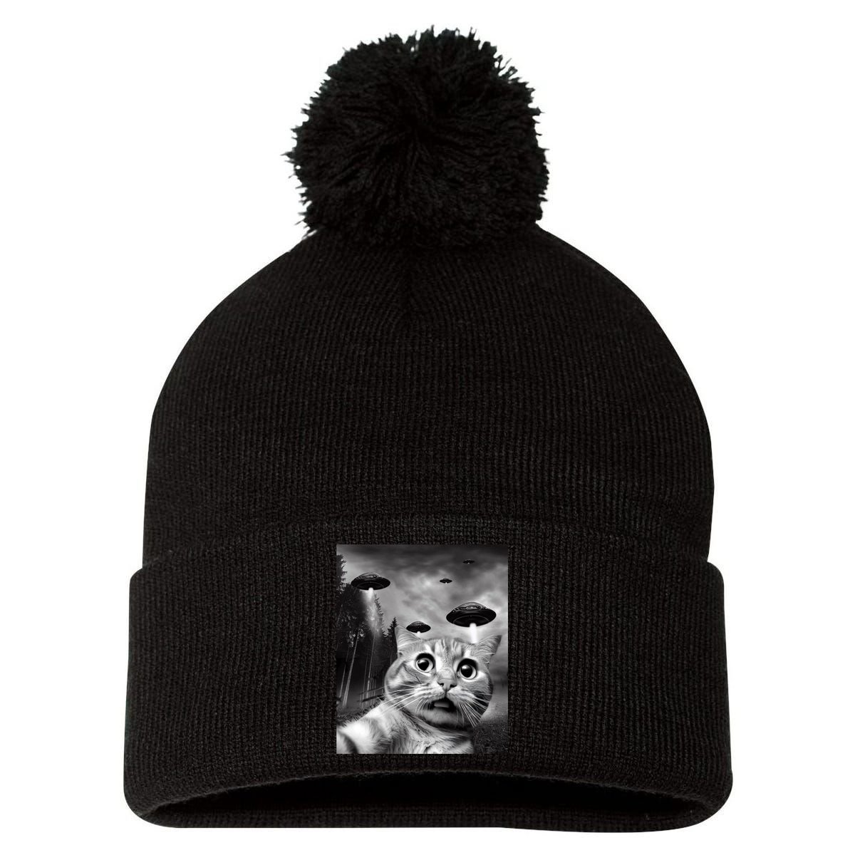 Alien UFO Funny Cat Selfie Pom Pom 12in Knit Beanie