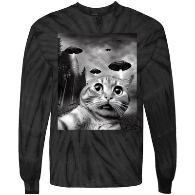 Alien UFO Funny Cat Selfie Tie-Dye Long Sleeve Shirt