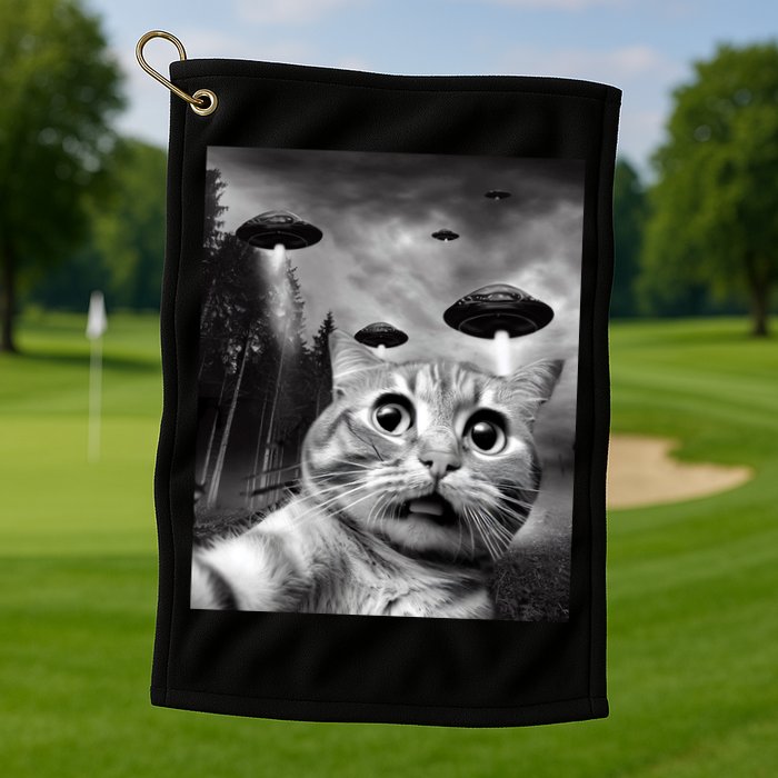 Alien UFO Funny Cat Selfie Golf Towel