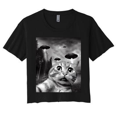 Alien UFO Funny Cat Selfie Women's Crop Top Tee