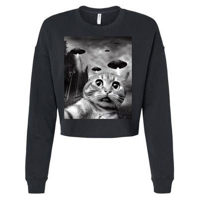 Alien UFO Funny Cat Selfie Cropped Pullover Crew